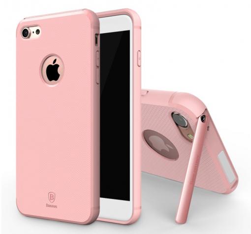Луксозен силиконов калъф / гръб / TPU Baseus Hidden Bracket за Apple iPhone 7 - розов със стойка
