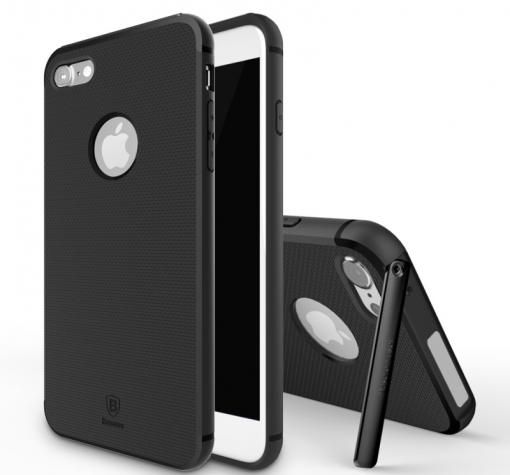 Луксозен силиконов калъф / гръб / TPU Baseus Hidden Bracket за Apple iPhone 7 - черен със стойка