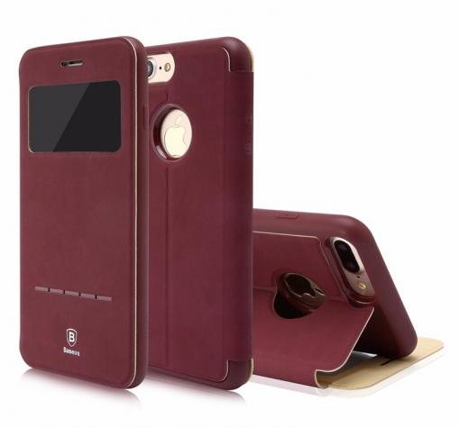 Оригинален кожен калъф Flip тефтер Baseus Simpe Series със стойка за Apple iPhone 7 - бордо