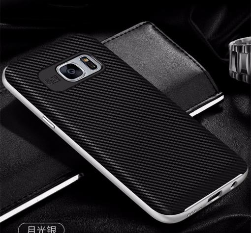 Силиконов калъф / гръб / TPU за Samsung S7 Edge G935 - черен / сребрист кант / Carbon