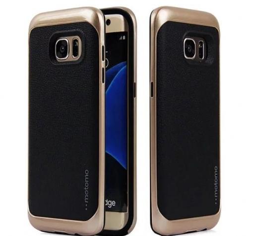 Луксозен твърд гръб MOTOMO Hybrid със силиконов кант за Samsung J7 2016 J710 - черен със златист кант / имитиращ кожа
