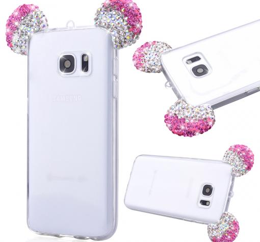 Луксозен силиконов калъф / гръб / TPU с камъни за Samsung A5 2017 A520 - прозрачен / бяло и розово / миши ушички