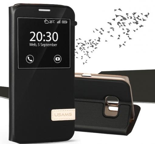 Луксозен кожен калъф тефтер S-View със стойка USAMS Muge Series за Samsung S7 Edge G935 / S7 Edge - черен
