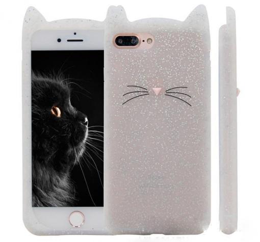 Силиконов калъф / гръб / TPU 3D за Huawei P8 Lite - котешки ушички / бял с брокат
