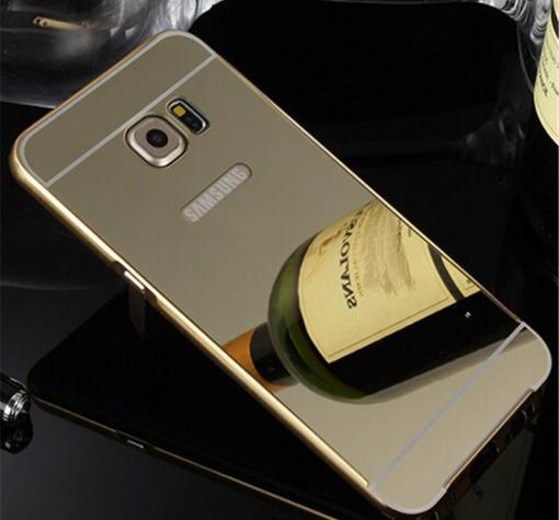 Луксозен алуминиев бъмпер с твърд гръб за Samsung S6 Edge G925 - огледален / златист кант
