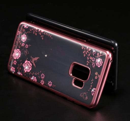 Луксозен силиконов калъф / гръб / TPU с камъни за Samsung S9 Plus G965 - прозрачен / розови цветя / Rose Gold кант