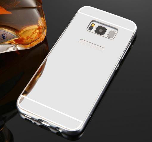 Луксозен алуминиев бъмпер с твърд гръб за Samsung S8 Plus G955 - сребрист / огледален