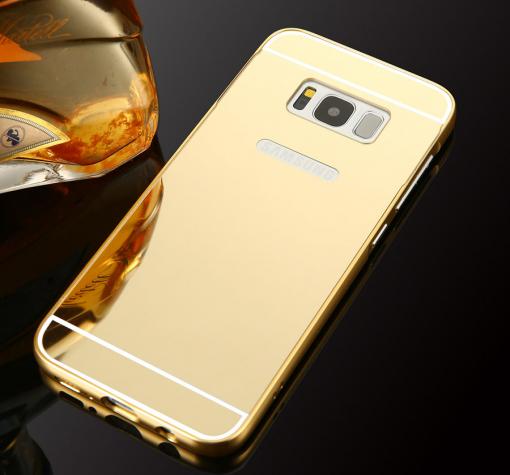 Луксозен алуминиев бъмпер с твърд гръб за Samsung S8 Plus G955 - златист / огледален