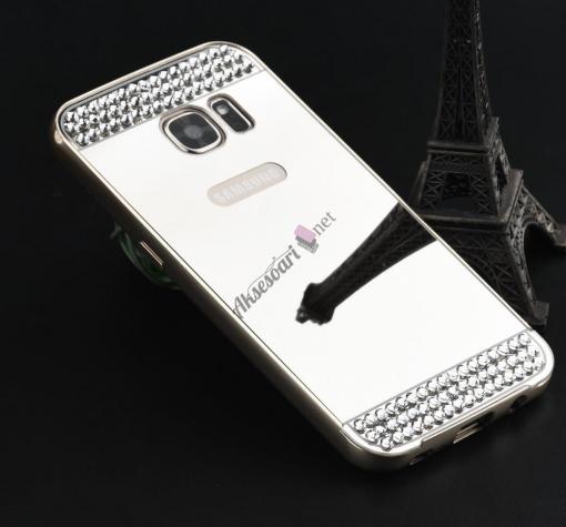Луксозен алуминиев бъмпер с твърд гръб и камъни за Samsung A3 2016 A310 - сребрист / огледален
