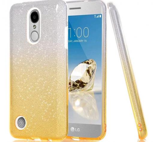 Силиконов калъф / гръб / TPU за LG K10 2017 - преливащ / сребристо и златисто / брокат
