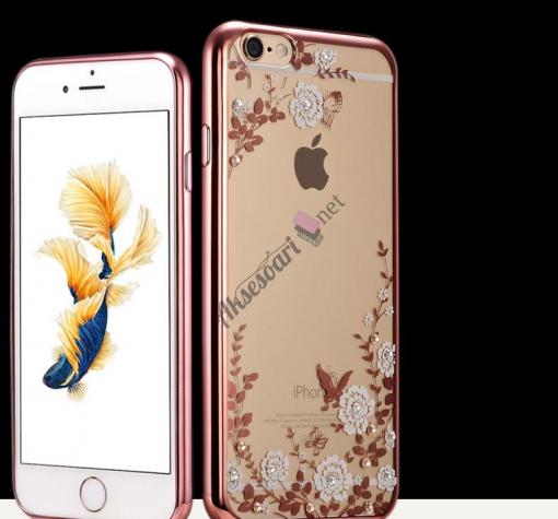 Луксозен твърд гръб KAVARO с камъни Swarovski за Apple iPhone 6 / iPhone 6S - прозрачен / бели цветя / Rose Gold кант