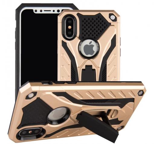 Силиконов гръб TPU Hybrid с твърда част и стойка за Apple iPhone X / iPhone XS - златист с черно