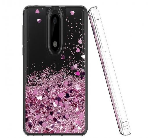 Луксозен твърд гръб 3D Water Case за Xiaomi Mi 9 SE - прозрачен / течен гръб с розов брокат