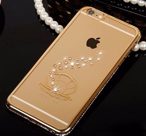 Луксозен силиконов калъф / гръб / TPU с камъни за Apple iPhone 7- прозрачен със златист кант / мида
