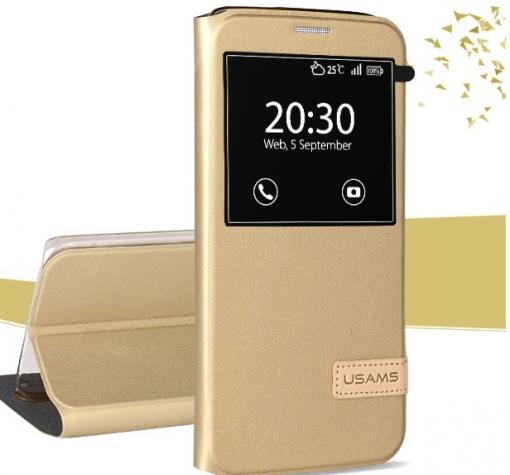 Луксозен кожен калъф тефтер S-View със стойка USAMS Muge Series за Samsung S7 Edge G935 / S7 Edge - златен