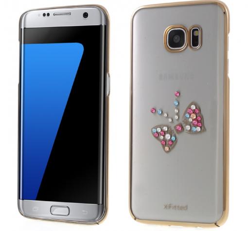 Луксозен твърд гръб X-FITTED Swarovski Diamond за Samsung S7 Edge G935 - прозрачен със златист кант / цветна панделка