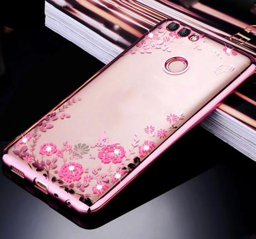 Луксозен силиконов калъф / гръб / TPU с камъни за Huawei P Smart - прозрачен / розови цветя / Rose Gold кант