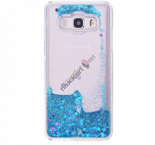 Луксозен твърд гръб 3D за Samsung J7 2016 J710 - прозрачен / син брокат / звездички