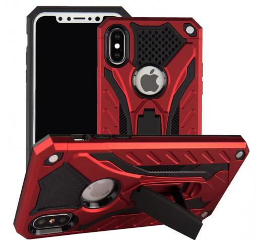 Силиконов гръб TPU Hybrid с твърда част и стойка за Apple iPhone X / iPhone XS - червен с черно