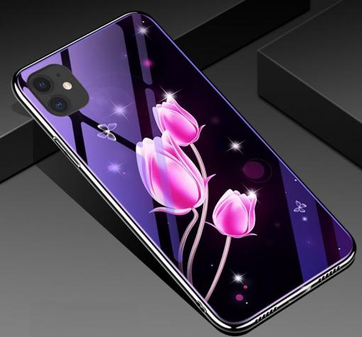Луксозен стъклен твърд гръб със силиконов кант за Apple iPhone 11 6.1" - розови лалета