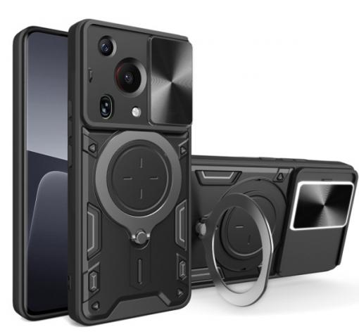 Удароустойчив гръб TPU кейс Slide Camera Case Magnetic Finger Ring Car Holder за Huawei Pura 70 Ultra - черен