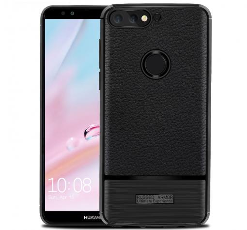 Луксозен силиконов калъф / гръб / TPU за Huawei Y9 2018 - черен / имитиращ кожа / Rugged Armor