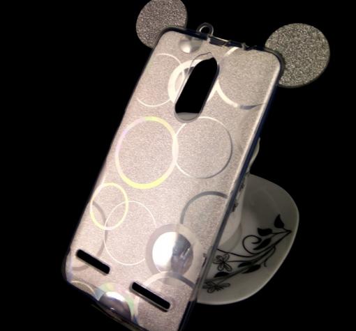 Луксозен силиконов калъф / гръб / TPU 3D за LG K8 2017 - преливащ / сребристо / брокат / миши ушички / 2в1 / кръгове