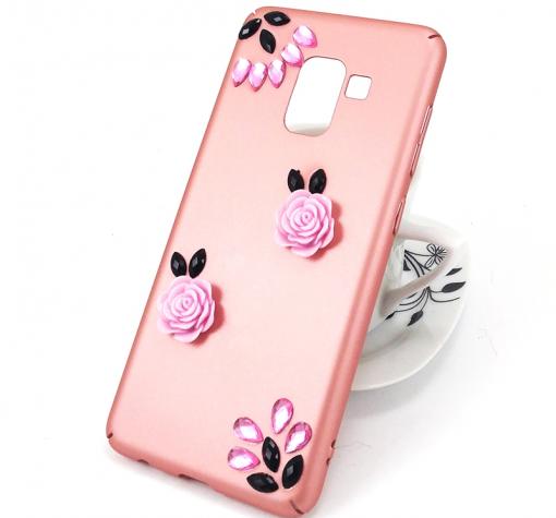 Луксозен твърд гръб 3D с камъни за Samsung A8 2018 A530F - Rose Gold / рози