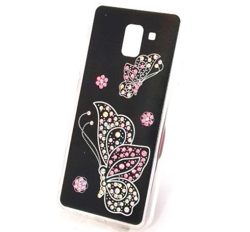Луксозен силиконов калъф / гръб / с камъни за Samsung J6 2018 - черен / Butterflies