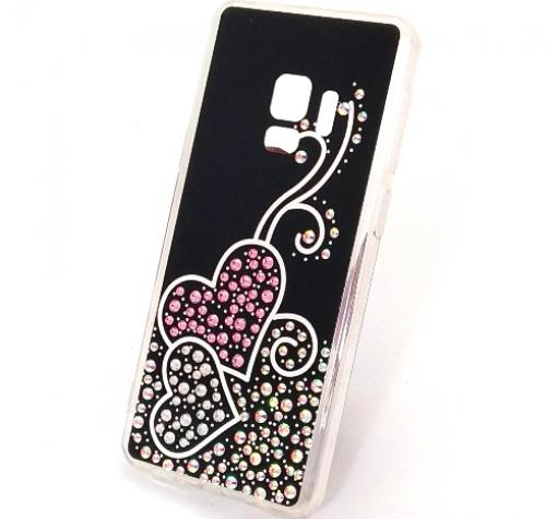 Луксозен силиконов калъф / гръб / с камъни за Samsung S9 G960 - черен / Hearts