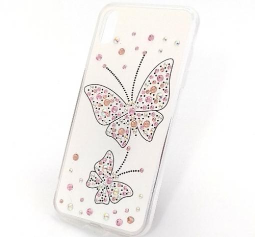 Луксозен силиконов калъф / гръб / с камъни за Apple iPhone X / iPhone XS - бял / Butterflies