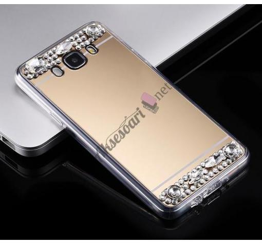 Луксозен силиконов калъф / гръб / TPU с камъни за Samsung J5 2016 J510 - огледален / златист