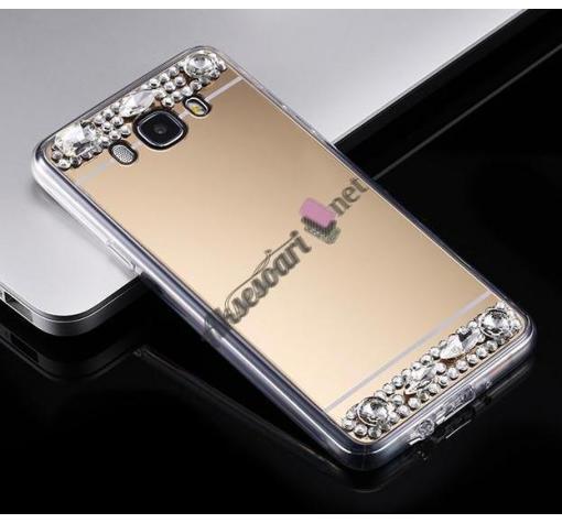 Луксозен силиконов калъф / гръб / TPU с камъни за Samsung J3 / J3 2016 J320 - огледален / златист