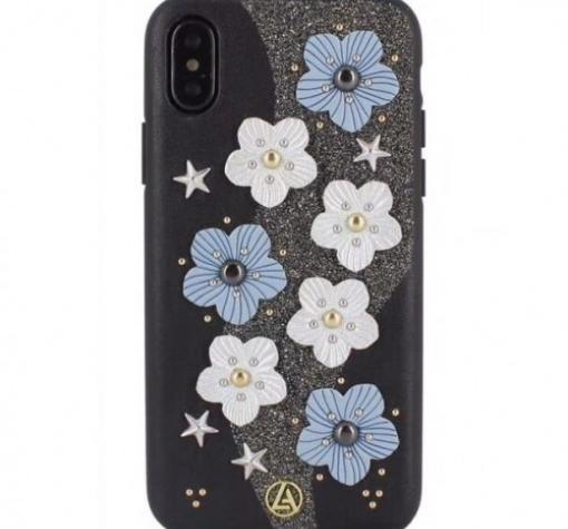 Луксозен кожен твърд гръб Luna Aristo за Apple iPhone X - черен / цветя