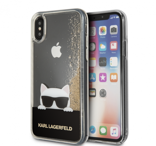 Оригинален калъф / твърд гръб / 3D KARL LAGERFELD Choupette Sunglasses Liquid Glitter Case за Apple iPhone X / iPhone XS - прозрачен / златист брокат / Cat