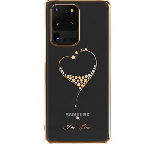 Луксозен твърд гръб KINGXBAR Swarovski Diamond за Samsung S20 Ultra - прозрачен със златист кант / сърце