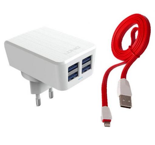 Оригинално зарядно устройство LDNIO DL-AC62 - 4.2A / 4 USB Port AC Adapter за Apple iPhone 5 / iPhone 5S / iPhone SE / iPhone 6 / iPhone 6S / iPhone 7 / iPhone 7 Plus / iPhone 8 / iPhone 8 Plus - бяло с червено