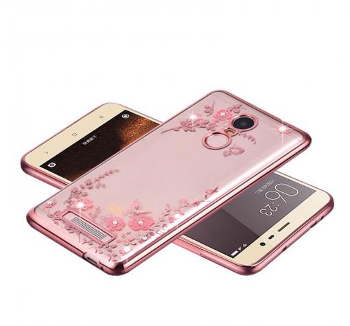 Луксозен силиконов калъф / гръб / TPU с камъни за Xiaomi Mi 9T - прозрачен / розови цветя / Rose Gold кант