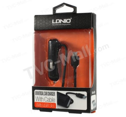 Универсално зарядно за кола LDNIO / DC 12V - 24V / с USB порта и Micro USB кабел 5V / 2.1A / DL-C25 за Samsung, LG, HTC, Sony, Nokia, Huawei, ZTE, BlackBerry и други - черен