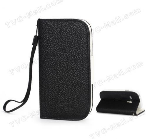Кожен калъф тефтер със стойка за Samsung S3 mini i8190 / SIII Mini I8190 - черен с бяло