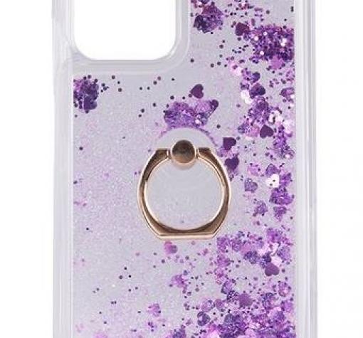 Луксозен твърд кейс 3D Water Case със стойка Ring за Xiaomi Mi 11i 5G - прозрачен / течен гръб с брокат / сърца / лилав