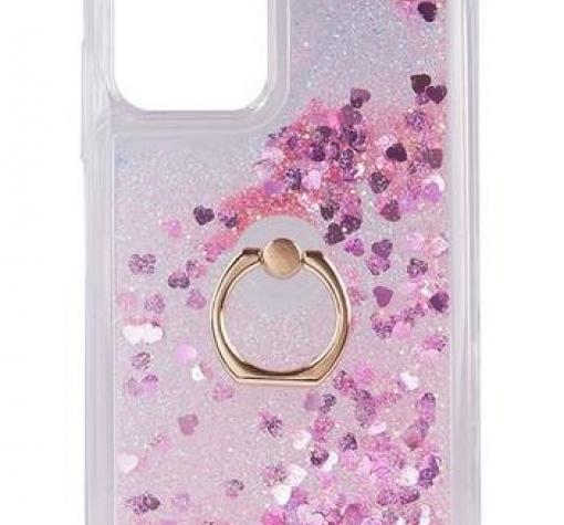 Луксозен твърд кейс 3D Water Case със стойка Ring за Xiaomi Mi 11i 5G - прозрачен / течен гръб с брокат / сърца / розов