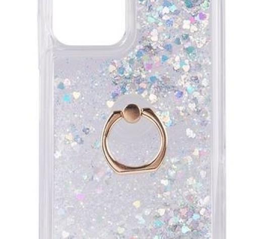 Луксозен твърд кейс 3D Water Case със стойка Ring за Xiaomi Mi 11i 5G - прозрачен / течен гръб с брокат / сърца / сребрист