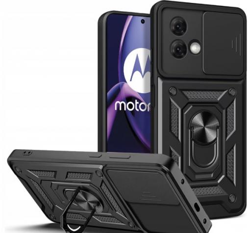 Удароустойчив гръб TPU кейс Slide Camera Case Magnetic Finger Ring Car Holder за Motorola Moto G84 - черен