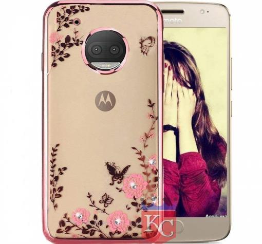 Луксозен силиконов калъф / гръб / TPU с камъни за Motorola Moto G5S - прозрачен / розови цветя / Rose Gold кант