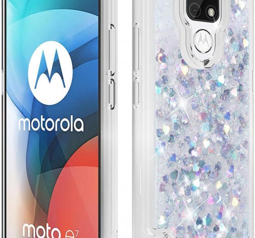 Луксозен твърд гръб / кейс / 3D Water Case за Motorola Moto E7 Plus - прозрачен / течен гръб / сърца / сребрист брокат