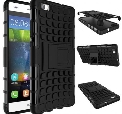 Силиконов гръб TPU Hybrid с твърда част и стойка за Huawei Ascend P8 Lite / Huawei P8 Lite - черен