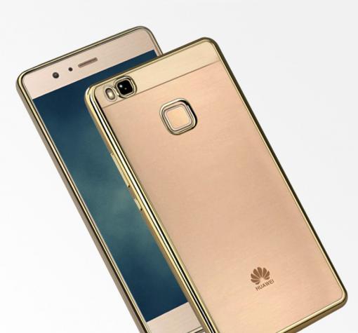 Луксозен силиконов гръб TPU за Huawei P9 Lite - прозрачен / златист кант