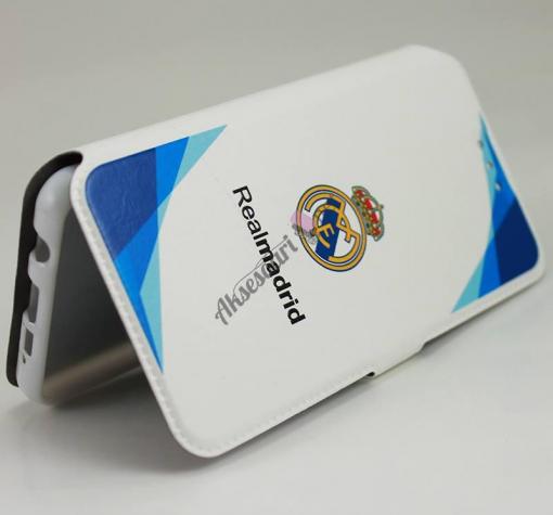Кожен калъф Flip тефтер Flexi със стойка за Apple iPhone 6 / iPhone 6S - Real Madrid / Adidas / бял със синьо