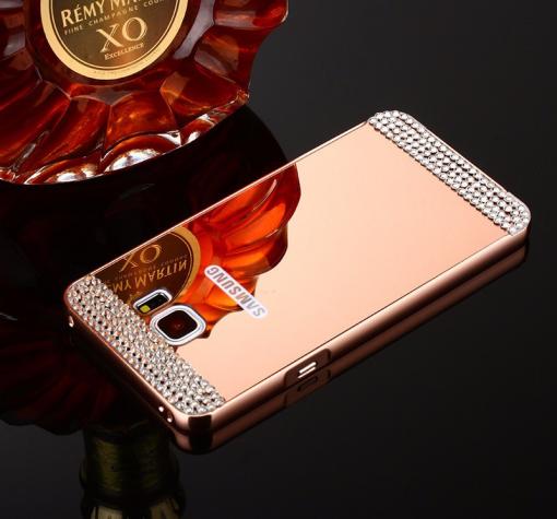 Луксозен алуминиев бъмпер с твърд гръб и камъни за Samsung A3 2016 A310 - огледален / Rose Gold